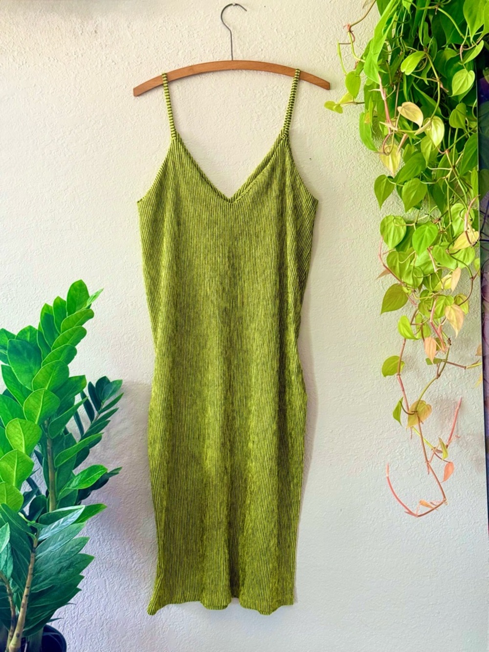 ZARA Textured Mini Dress | Chartreuse Check Slip Dress | Minimal 90s Style